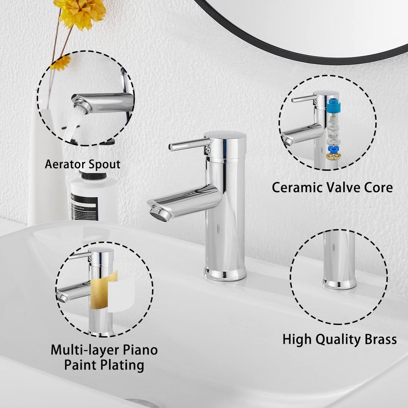 GGStudy Bathroom Faucet Chrome GGStudy Single Handle 1 Hole Faucets Stainless Steel Bathroom Vanity Faucet Matching Pop Up Drain with Overflow - Image 5